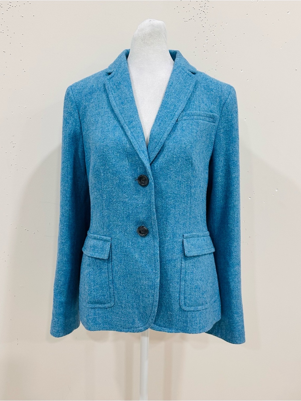 Talbots Petites Blue Herringbone Wool Blend Blazer Jacket Size 10P 2-Button